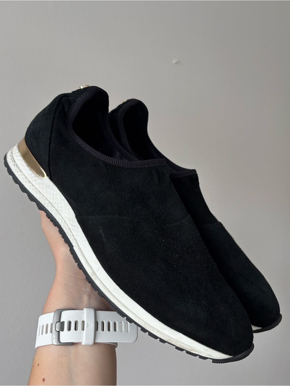 Russell & Bromley black Suede Slip on Sneaker Gold Accent size 40 or US 9